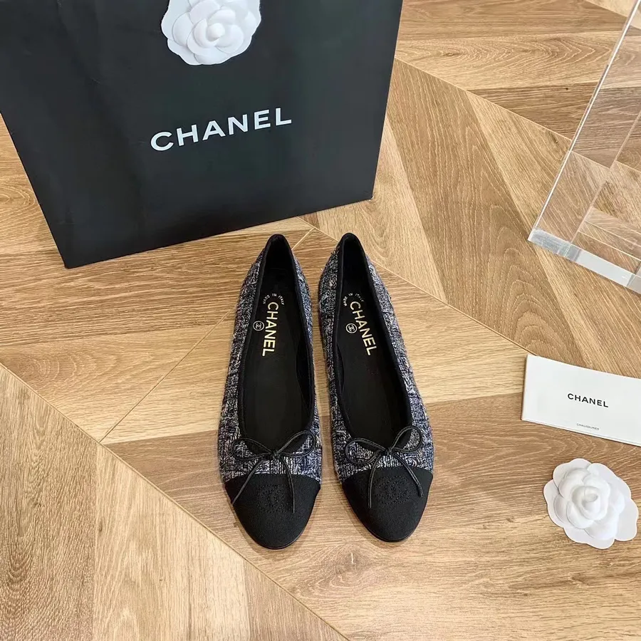 Chanel Balerina Lapos Tweed/báránybőr 2021 Tavaszi/nyári Kollekció, Fekete/multi Kék