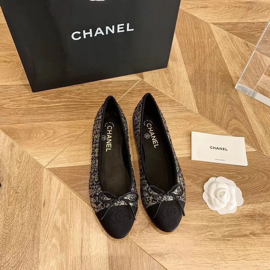 Chanel Balerina Lapos Tweed/báránybőr 2021 Tavaszi/nyári Kollekció, Arany/fekete