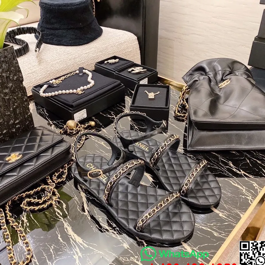 Chanel Riemchensandalen Mit Kettenverzierung, Lammleder, Frühjahr/sommer-kollektion 2021, Schwarz