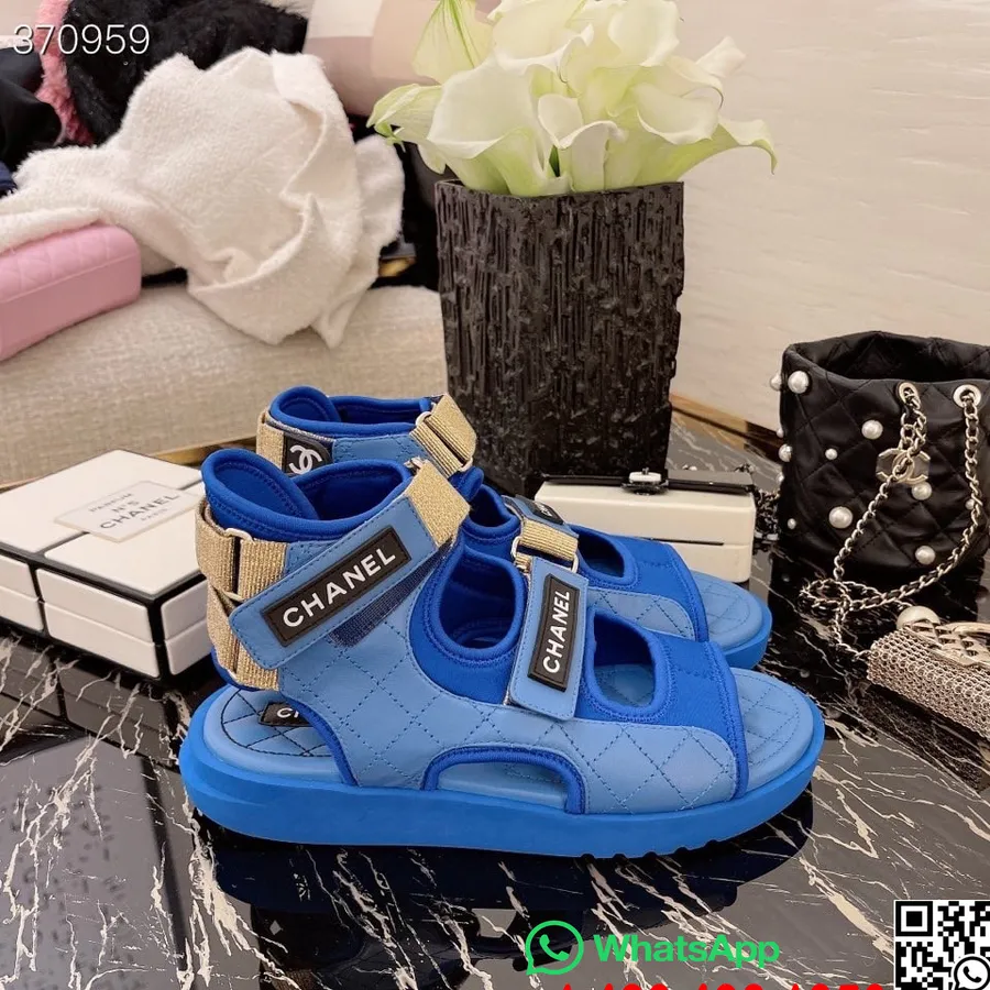 Chanel Velcro Strap Gladiator Sandals Lambskin Leather Spring/Summer 2021 Collection, Blue/Beige