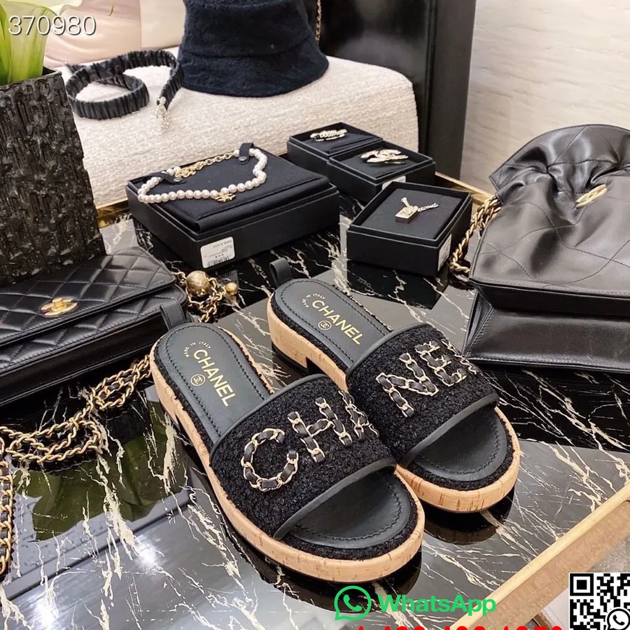 Chanel Gewebte Slide-on-Sandalen Aus Tweed/Lammleder, Frühjahr/sommer-kollektion 2021, Schwarz