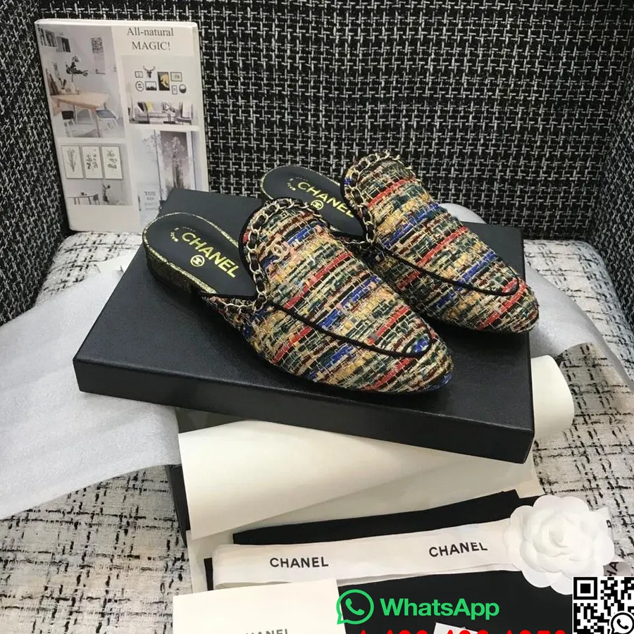 Chanel Corrente Embelezada Mules Tweed/couro De Pele De Cordeiro Coleção Primavera/verão 2021, Preto/multicolorido