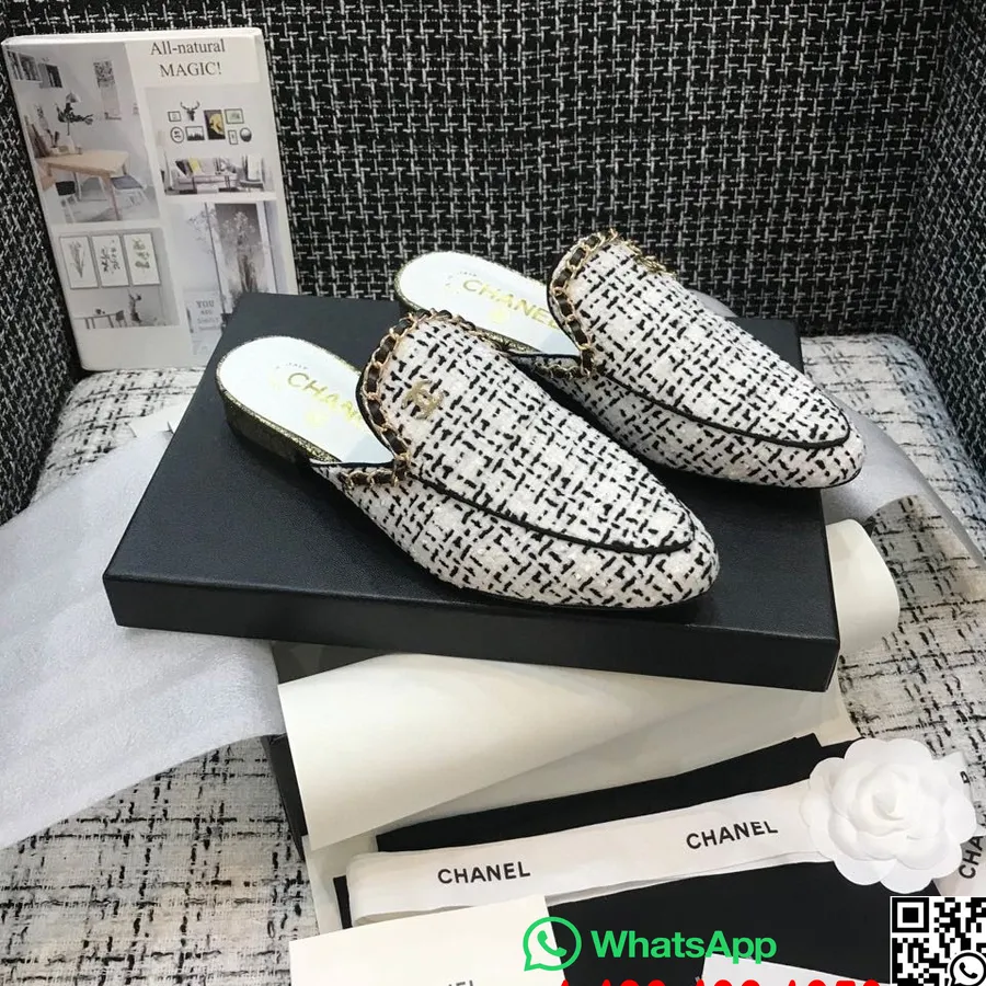 Chanel Corrente Embelezada Mules Tweed/couro De Pele De Cordeiro Coleção Primavera/verão 2021, Branco/preto