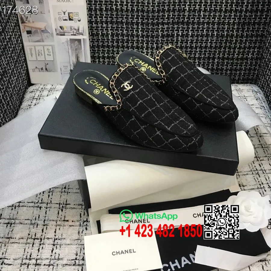 Chanel Corrente Embelezada Mules Tweed/couro De Pele De Cordeiro Coleção Primavera/verão 2021, Preto