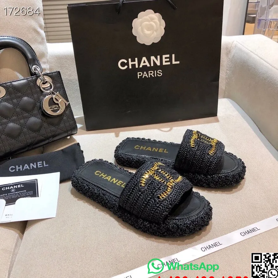 Chanel Sandalias Tejidas Con Logo Cc De Ratán/piel De Cordero Colección Primavera/verano 2021, Negro