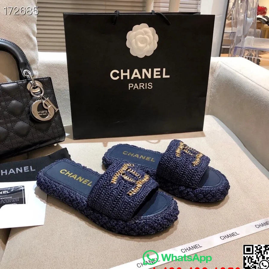 Chanel Sandalias Tejidas Con Logo Cc De Ratán/piel De Cordero Colección Primavera/verano 2021, Azul Marino