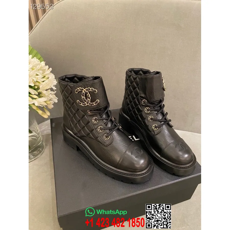 Chanel Bottes à Lacets Cc Matelassées En Cuir D'agneau Collection Automne/hiver 2020, Noir