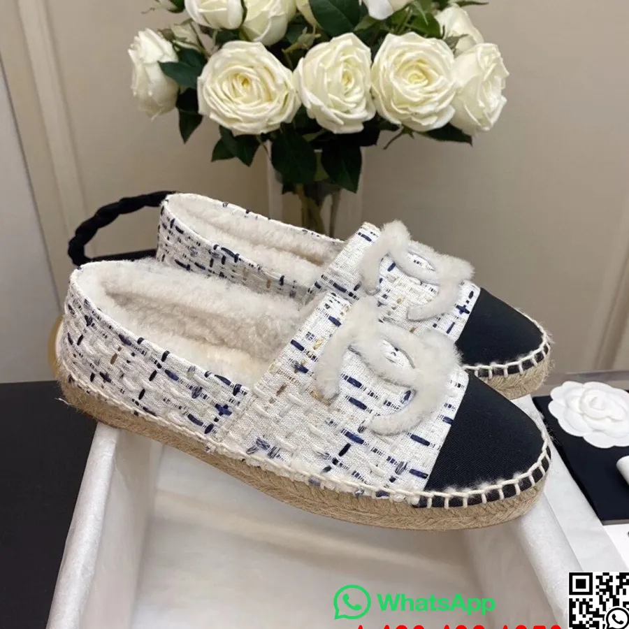 Chanel Alpercatas De Pele De Shearling Tweed/couro De Pele De Cordeiro Coleção Outono/inverno 2020, Branco/azul Multicolorido