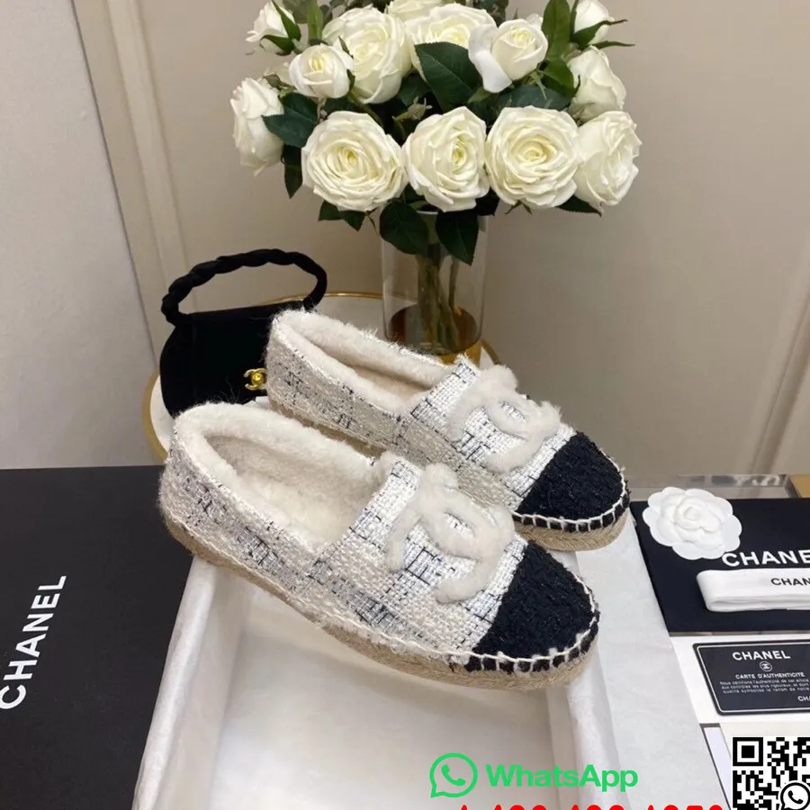 Chanel Alpercatas De Pele De Shearling Tweed/couro De Pele De Cordeiro Coleção Outono/inverno 2020, Branco/azul Multicolorido