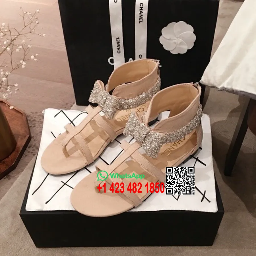 Chanel-Sandalen Mit Perlenverzierung Und Band Aus Kalbsleder, Herbst-/Winterkollektion 2020, Beige