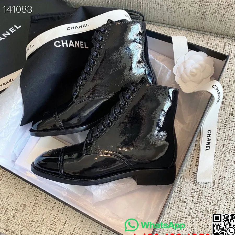 Chanel Lace Up Ankle Boots Patent Calfskin Leather Fall/Winter 2020 Collection,  Black