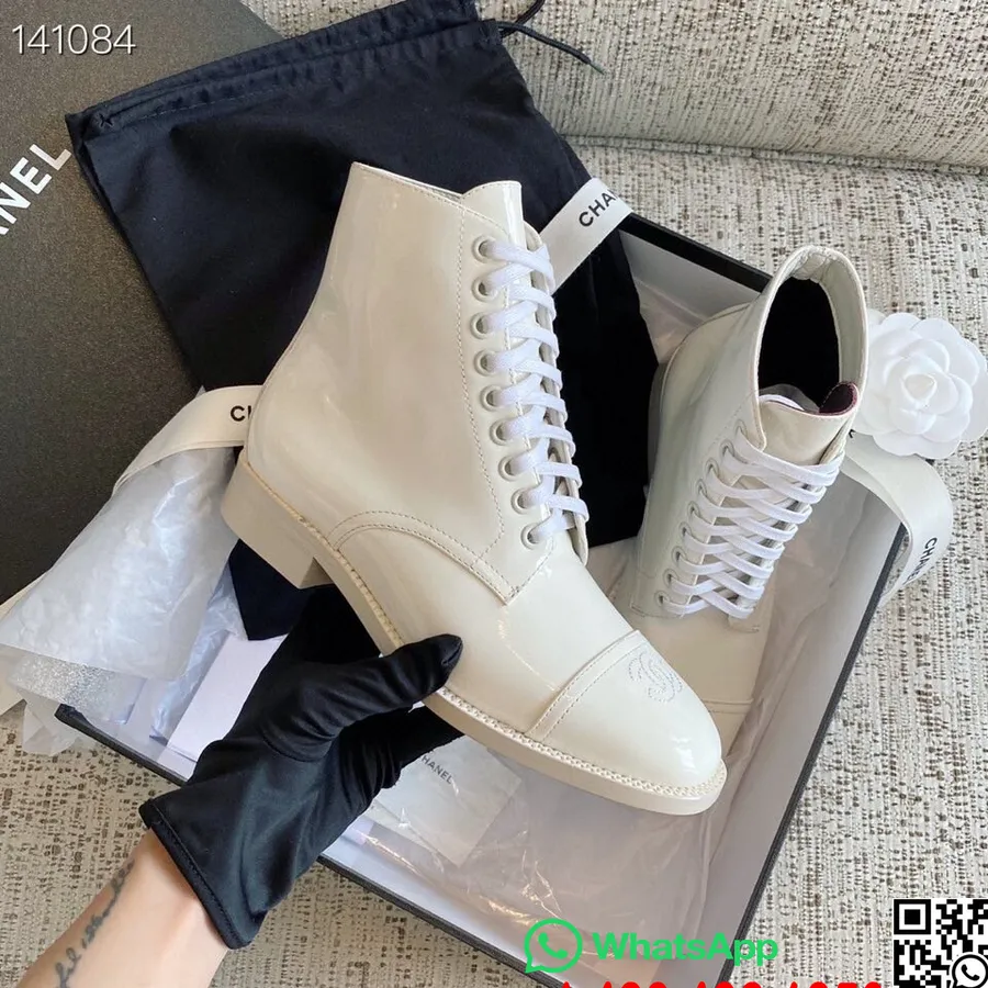 Chanel Lace Up Ankle Boots Patent Calfskin Leather Fall/Winter 2020 Collection,  White