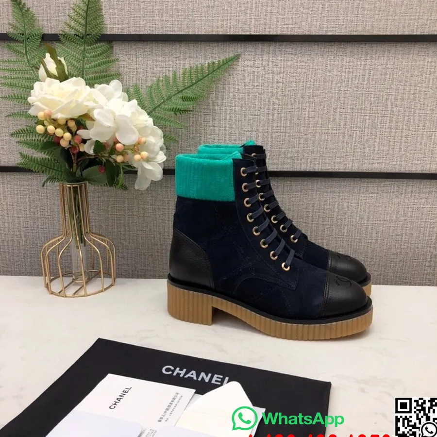 Chanel Lace Up Gum Sole Combat Boots Suede/Calfskin Leather Fall/Winter 2020 Collection, Black/Green