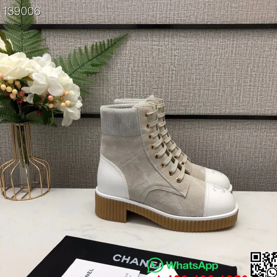 Chanel Lace Up Gum Sole Combat Boots Suede/Calfskin Leather Fall/Winter 2020 Collection, White