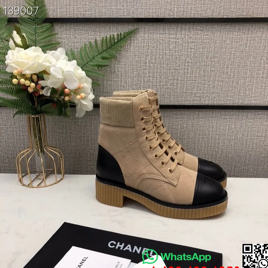 Chanel Lace Up Gum Sole Combat Boots Suede/Calfskin Leather Fall/Winter 2020 Collection, Beige/Black