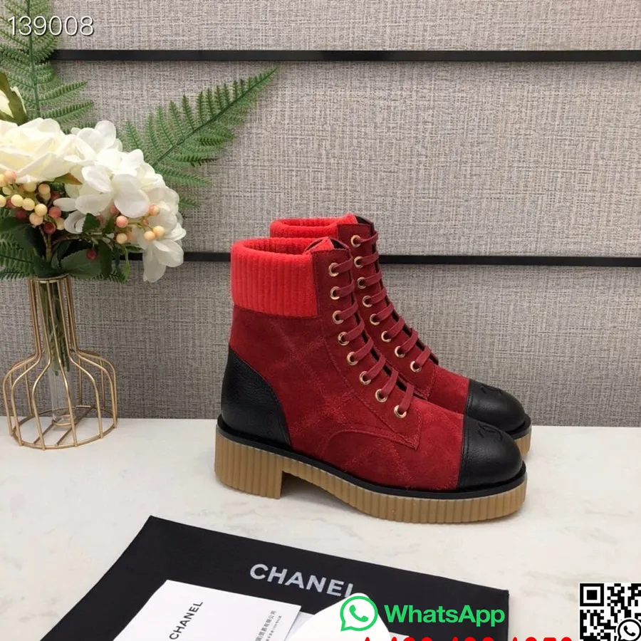 Chanel Lace Up Gum Sole Combat Boots Suede/Calfskin Leather Fall/Winter 2020 Collection, Red/Black