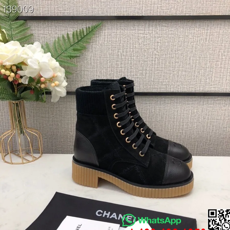 Chanel Lace Up Gum Sole Combat Boots Suede/Calfskin Leather Fall/Winter 2020 Collection, Black