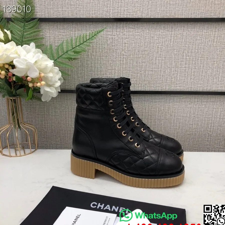 Chanel Lace Up Gum Sole Combat Boots Calfskin Leather Fall/Winter 2020 Collection, Black