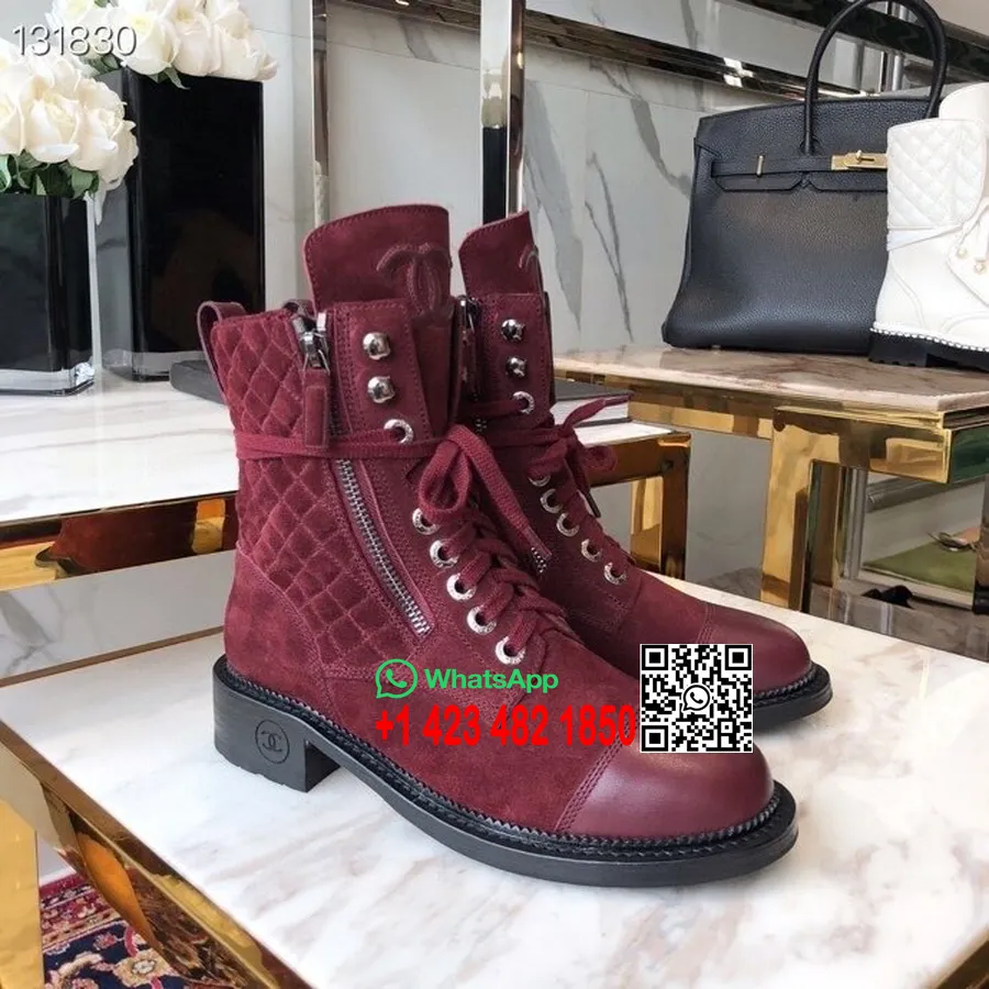 Bottines De Combat à Lacets Chanel Collection Automne/hiver 2018 En Daim/cuir De Veau, Bordeaux