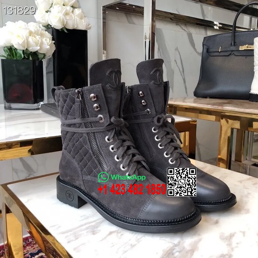 Botas Militares Con Cordones Chanel Colección Otoño/invierno 2018 De Piel De Ante/piel De Becerro, Gris