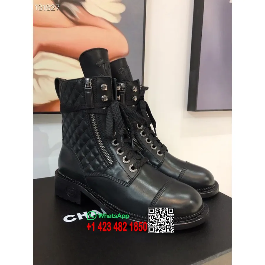 Botas Militares Con Cordones Chanel Piel De Becerro Colección Otoño/invierno 2018, Negro