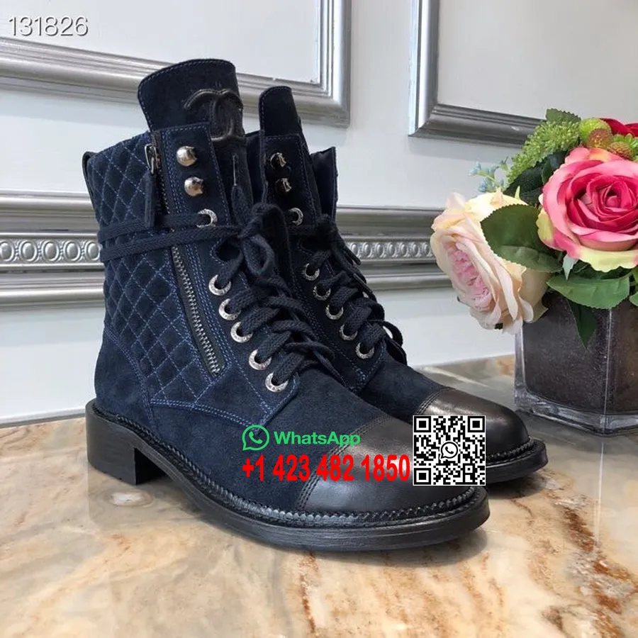 Botas Militares Con Cordones Chanel Colección Otoño/invierno 2018 De Piel De Ante/piel De Becerro, Azul Marino