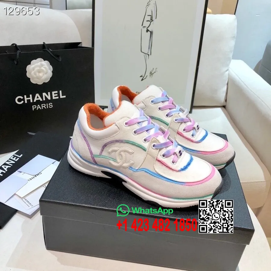 Chanel Trainer Sneakers  Lambskin & Suede Leather Fall/Winter 2020  Collection, White/Multicolor