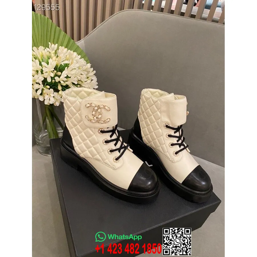 Chanel Quilted CC Lace Up Boots Lambskin Leather Fall/Winter 2020 Collection, White/Black