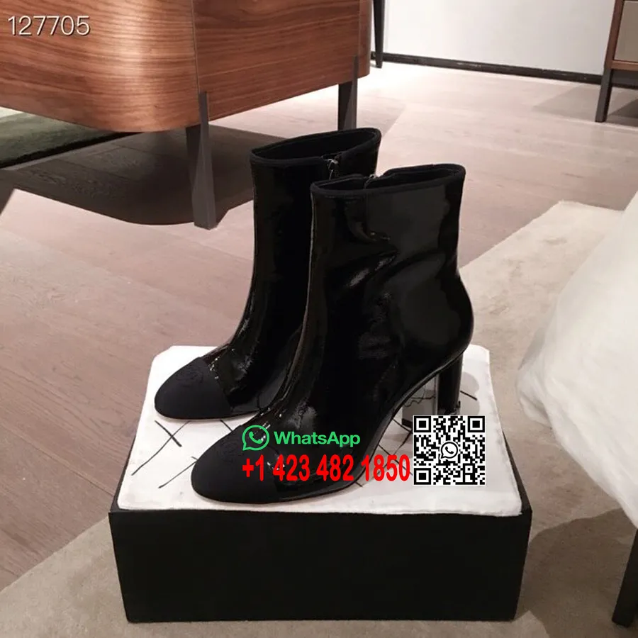 Bottines Chanel à Talon Bloc En Cuir Verni/cuir De Veau Collection Automne/hiver 2020, Noir