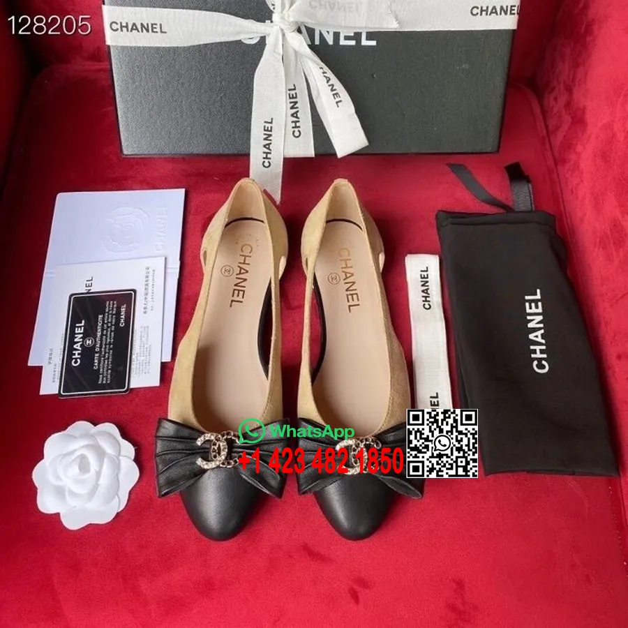 Chanel Bow Embellished Flats Iz Telečjega Usnja Kolekcija Jesen/zima 2020, Bež/črna