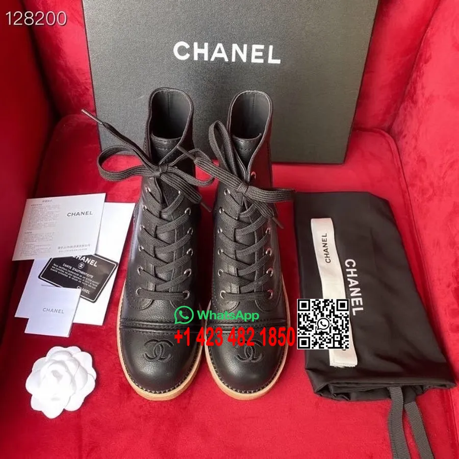 Chanel Schnürstiefel Mit Klobigem Absatz, Kalbsleder, Herbst-/winterkollektion 2020, Schwarz