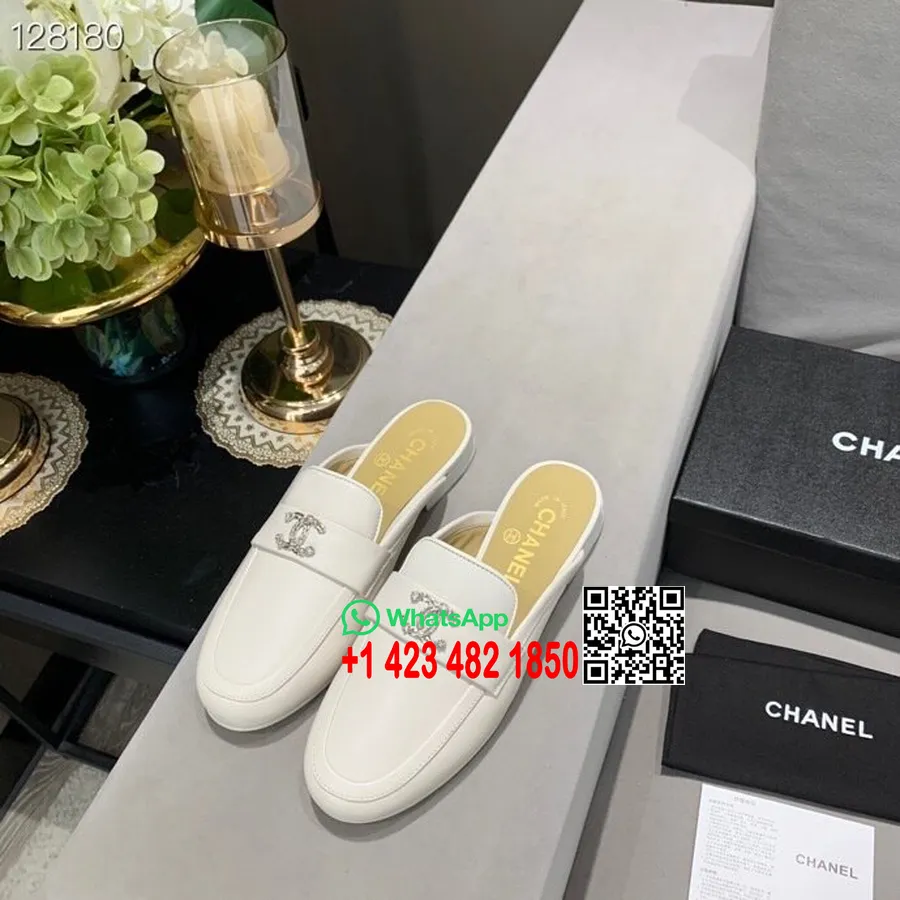 Koleksi Logo Chanel Cc Mules Kulit Anak Sapi Musim Gugur/dingin 2020, Putih