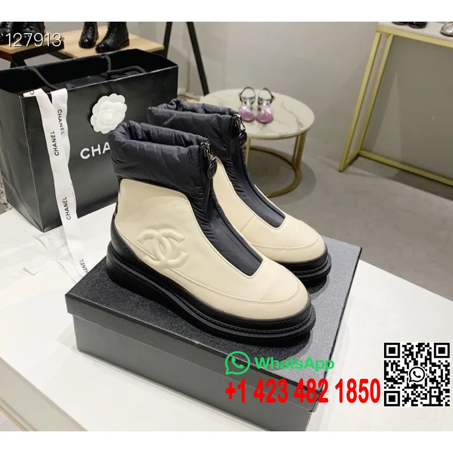 Chanel Down Ankle Boots νάιλον/δερμάτινα από δέρμα μοσχαριού συλλογή φθινόπωρο/χειμώνας 2020, λευκό