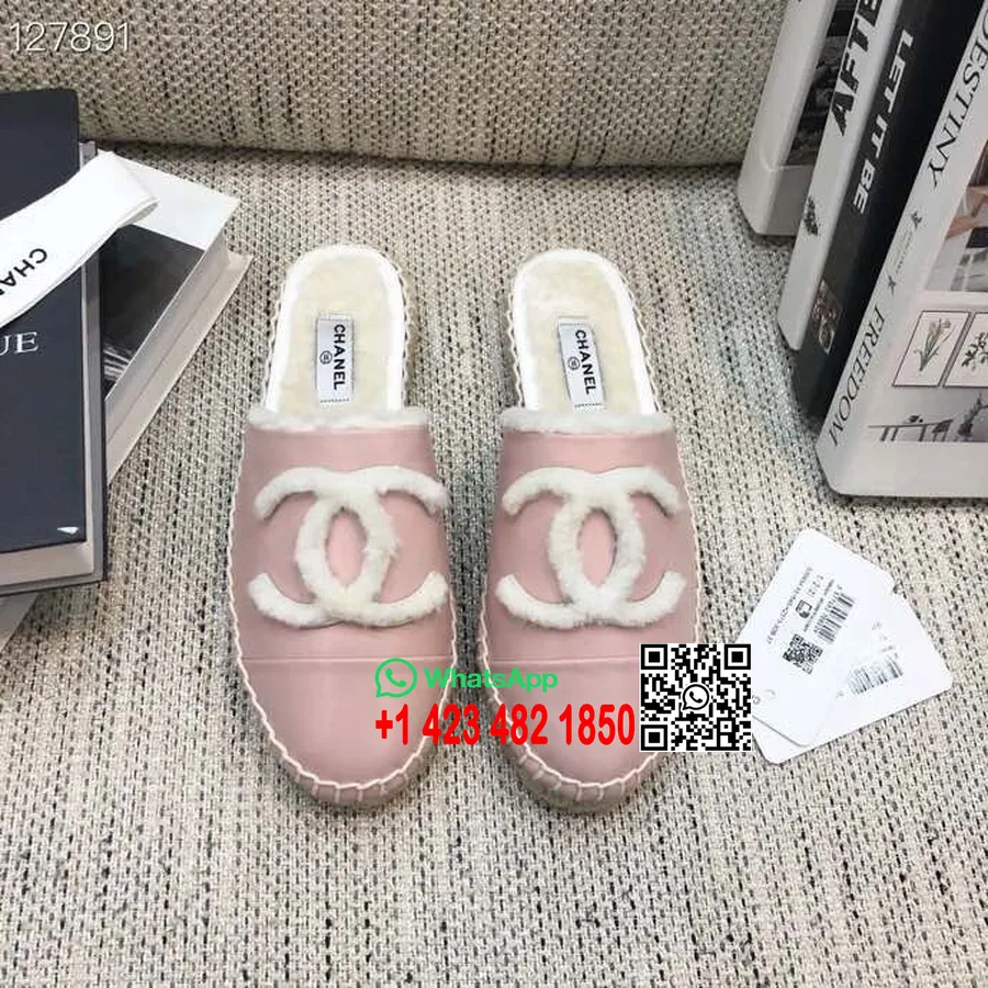 Chanel Shearling γούνα Espadrille Mules δέρμα αρνιού συλλογή φθινόπωρο/χειμώνας 2020, ροζ/λευκό