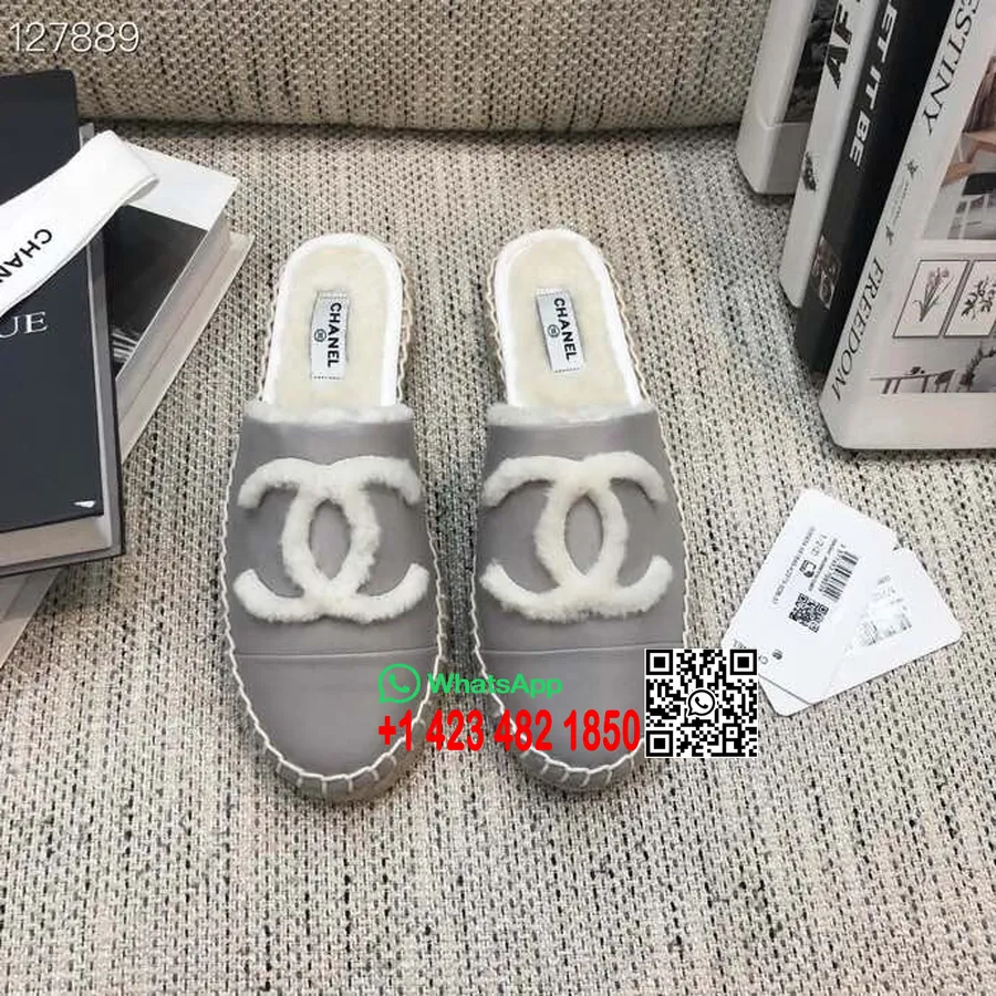 Kožešina Chanel Shearling Espadrille Mules Jehněčí Kůže Kolekce Podzim/zima 2020, šedá/bílá