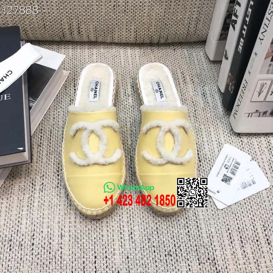 Chanel Shearling γούνα Espadrille Mules δέρμα αρνιού συλλογή φθινόπωρο/χειμώνας 2020, κίτρινο/λευκό