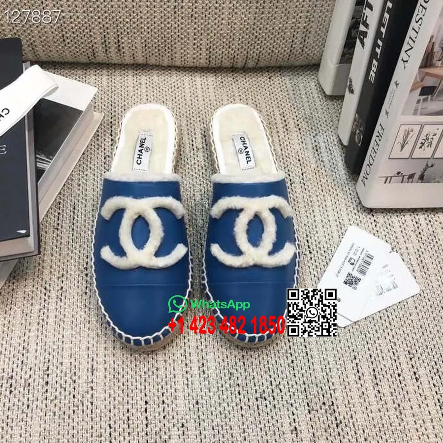 Ciabatte Espadrillas Chanel In Pelliccia Di Montone Pelle Di Agnello Collezione Autunno/inverno 2020, Blu/bianco