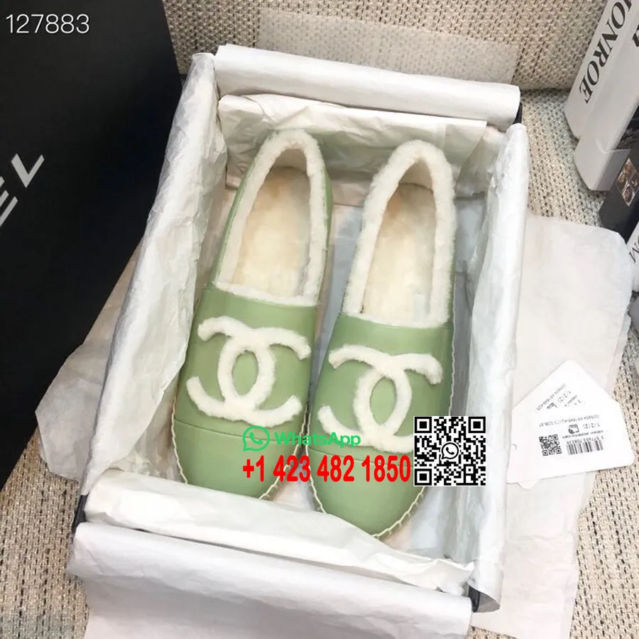 Espadrillas Chanel In Pelliccia Di Montone Pelle Di Agnello Collezione Autunno/inverno 2020, Verde/bianco