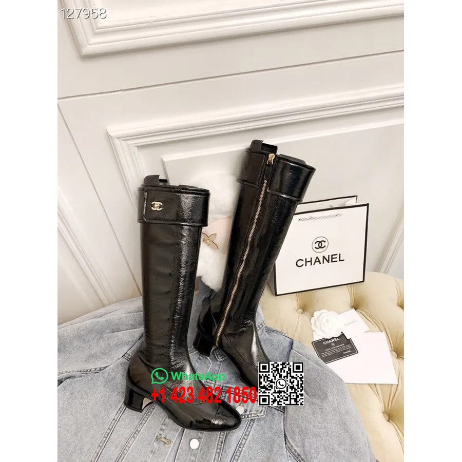 Chanel Knee High Boots Patent Calfskin Leather Fall/Winter 2020 Collection, Black