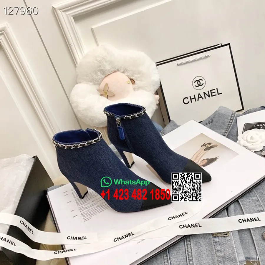 Chanel Zincir Işlemeli Denim Yarım Bot 8cm Dana Deri Sonbahar/kış 2020 Koleksiyonu, Siyah