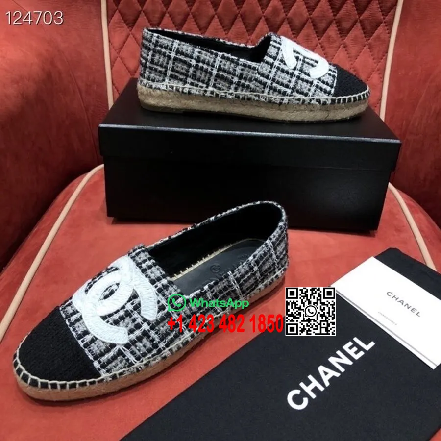 Chanel Tweed/Grosgrain Espadrilles Lammleder Herbst/Winter 2020 Kollektion, Schwarz/multi