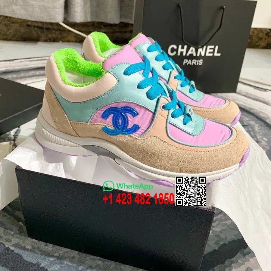 Chanel Nylon Sneakers Lammeskinn Og Semsket Skinn Vår/sommer 2020 Kolleksjon, Lilla/grønn