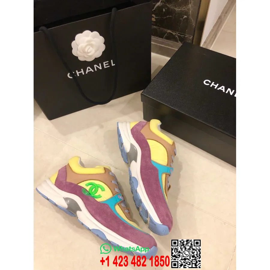 Chanel Nylon Sneaker Sneakers Lamsleer En Suède Leer Lente/zomercollectie 2020, Paars/geel