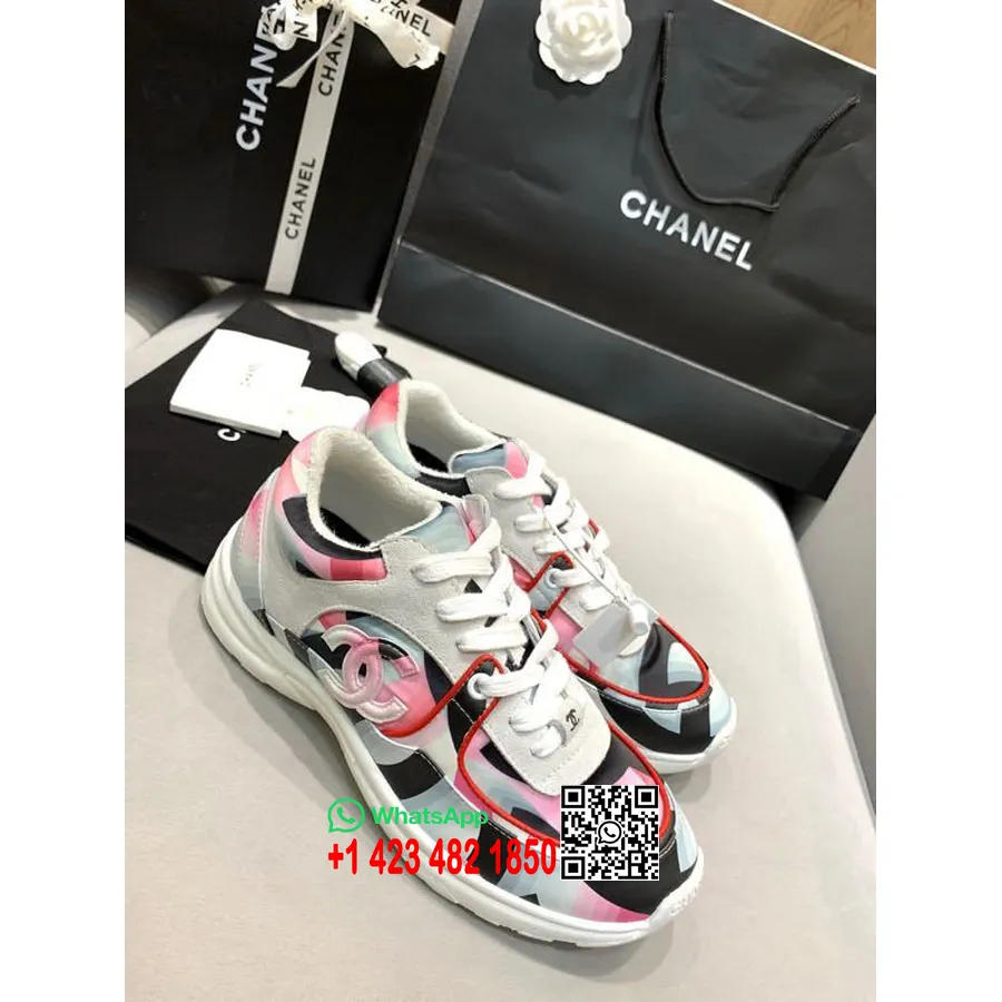 Chanel Nylon-Trainer-Sneaker Aus Lammleder Und Wildleder, Frühjahr/sommer-kollektion 2020, Weiß/rosa/mehrfarbig