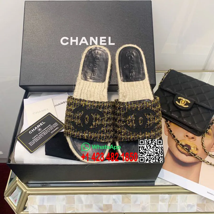 Chanel Cc Espadrille-sandalen Aus Tweed/kalbsleder, Frühjahr/sommer-kollektion 2020, Schwarz/gold