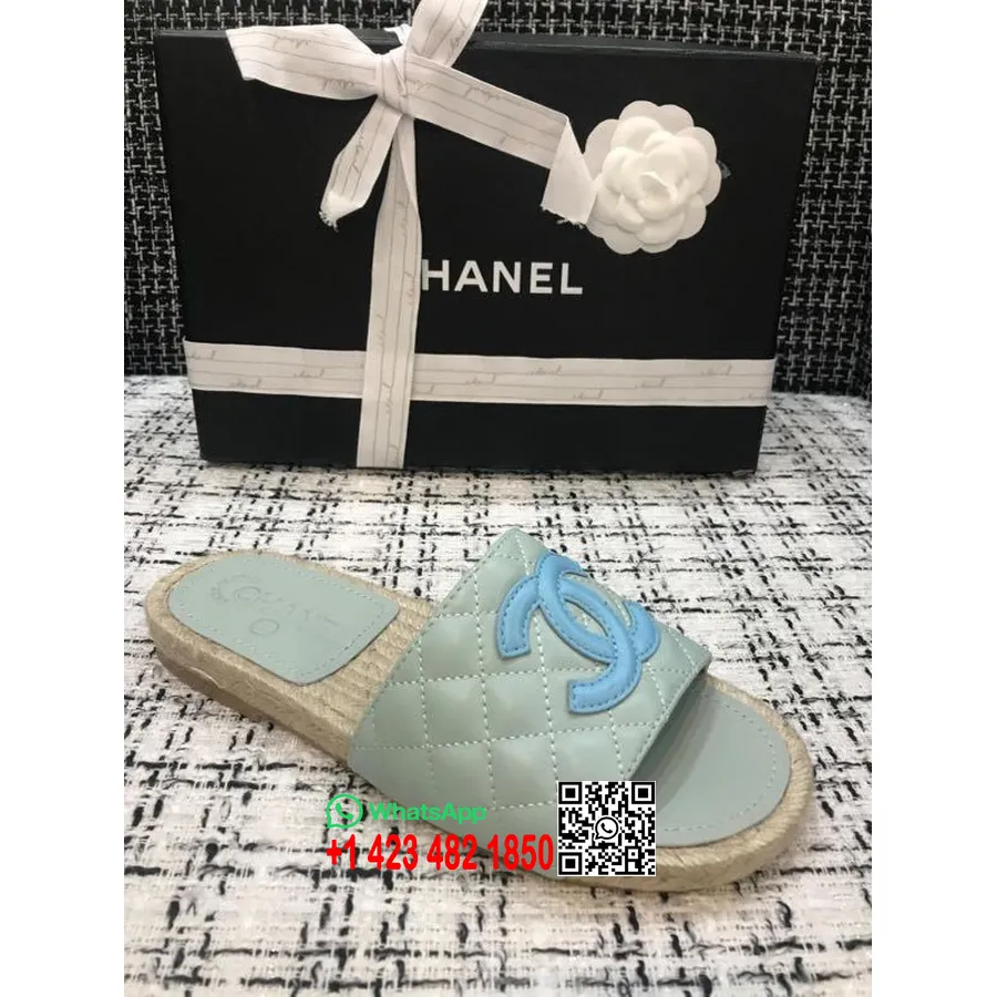 Chanel Cc Prešívané Sandále Espadrille Sandále Z Teľacej Kože Kolekcia Jar/leto 2020, Mint/modrá