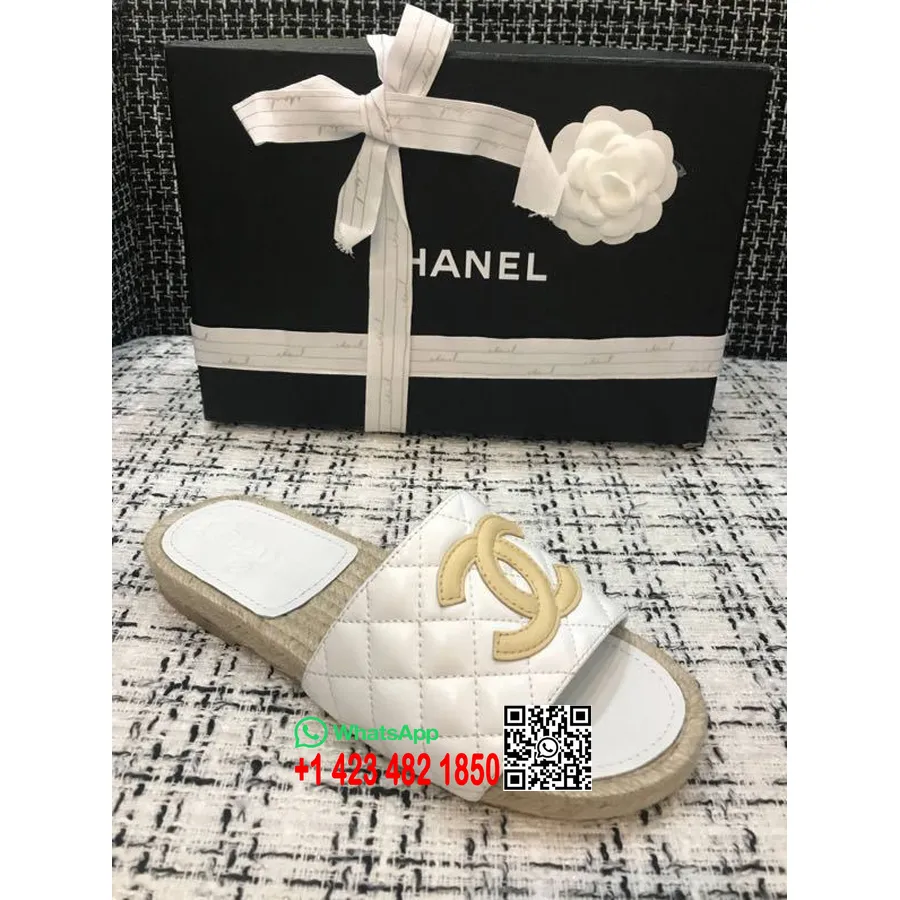 Chanel Cc Prešívané Sandále Espadrille Sandále Z Teľacej Kože Kolekcia Jar/leto 2020, Biela/béžová