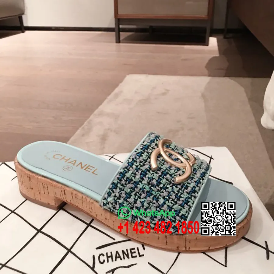 Chanel Cc Korksandaler Tweed/kalveskinn Vår/sommer 2020-kolleksjon, Lyseblå