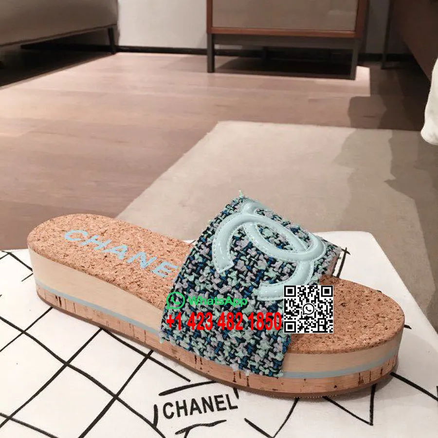 Chanel Korksandalen Tweed/Kalbsleder Frühjahr/Sommer 2020 Kollektion, Hellblau