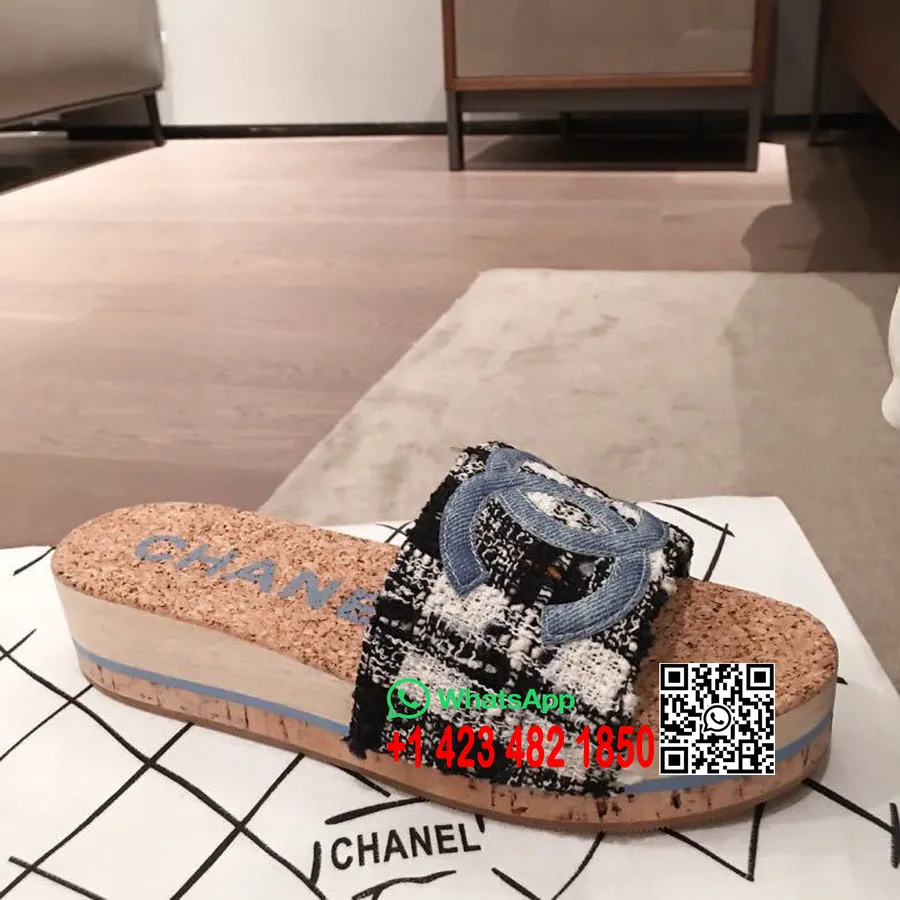 Chanel Korksandaler Tweed/kalvskinn Vår/sommar 2020 Kollektion, Blå